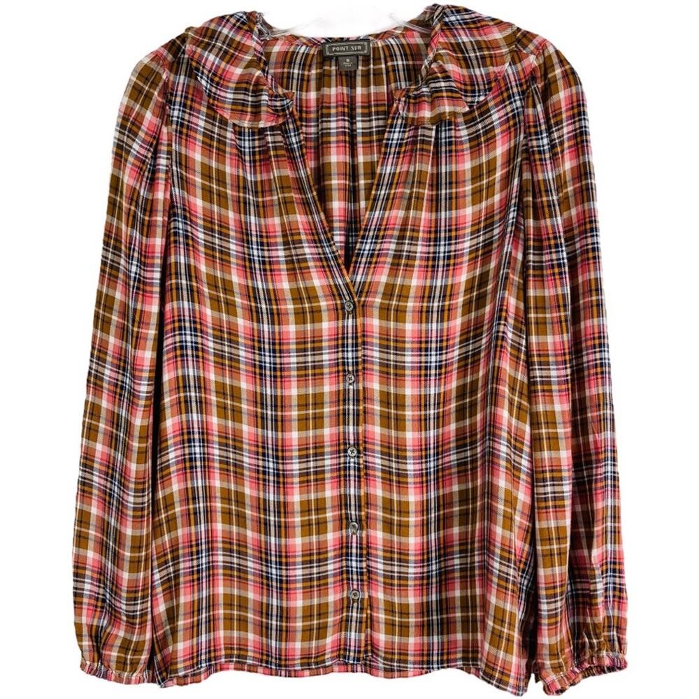 Point Sur peach brown blue plaid flannel ruffle button front shirt small
